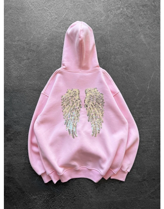 PULLU KANAT 3 İPLİK PAMUKLU KUMAŞ SWEAT PEMBE