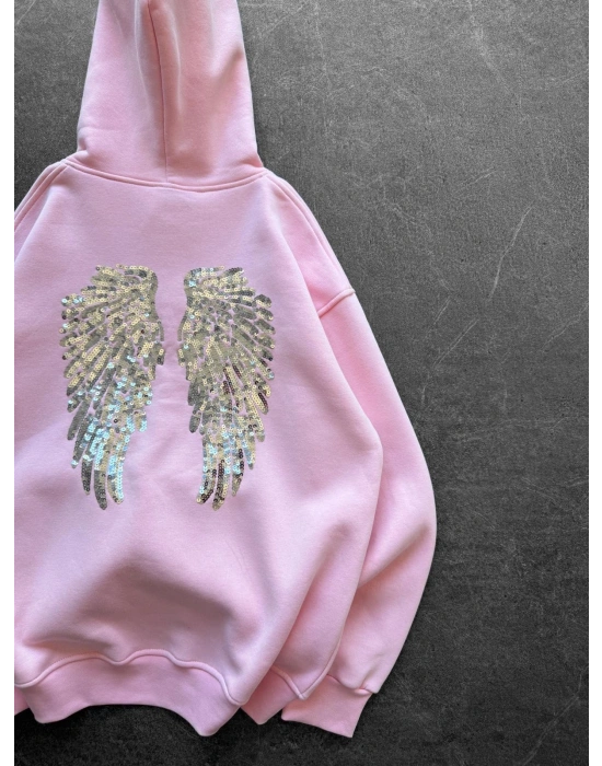 PULLU KANAT 3 İPLİK PAMUKLU KUMAŞ SWEAT PEMBE