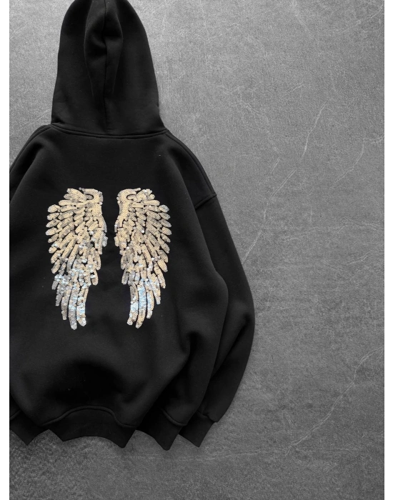 PULLU KANAT 3 İPLİK PAMUKLU KUMAŞ SWEAT SİYAH