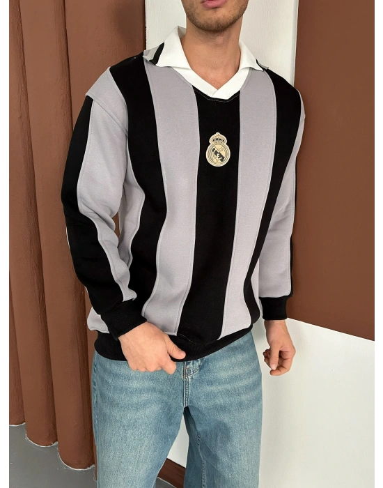 RM POLO YAKA KALIN ŞERİT OVERSİZE SWEAT GRİ
