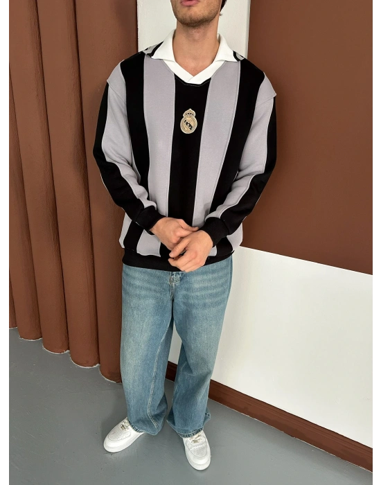 RM POLO YAKA KALIN ŞERİT OVERSİZE SWEAT GRİ