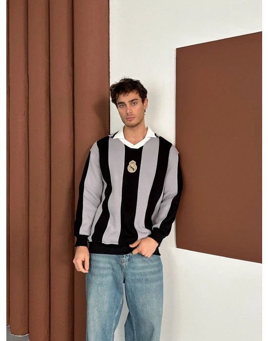 RM POLO YAKA KALIN ŞERİT OVERSİZE SWEAT GRİ