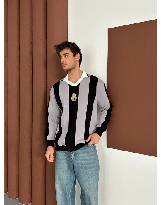RM POLO YAKA KALIN ŞERİT OVERSİZE SWEAT GRİ