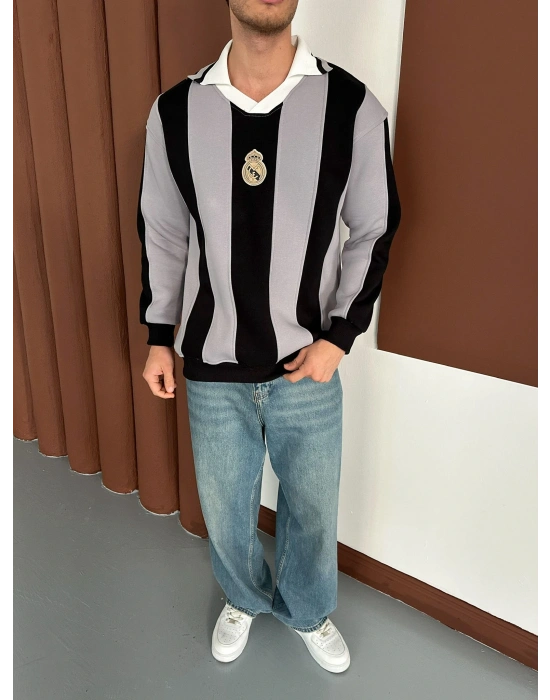 RM POLO YAKA KALIN ŞERİT OVERSİZE SWEAT GRİ