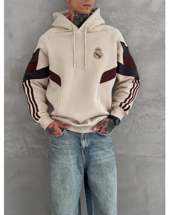 RMA 3 İPLİK PARCALI ŞARDONLU KAPÜŞONLU SWEAT KREM
