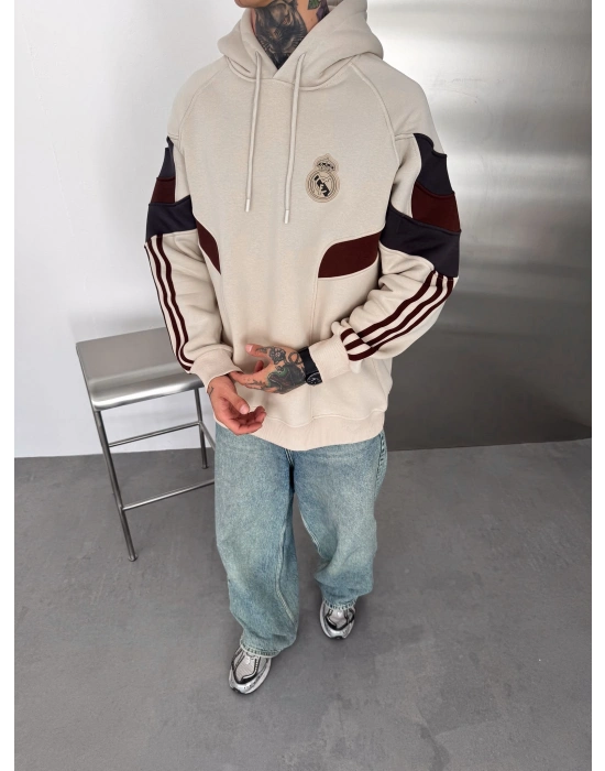 RMA 3 İPLİK PARCALI ŞARDONLU KAPÜŞONLU SWEAT KREM