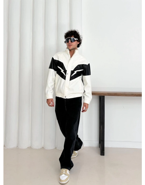 ŞİMŞEK OVERSİZE DERİ CEKET BEYAZ