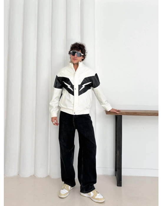 ŞİMŞEK OVERSİZE DERİ CEKET BEYAZ