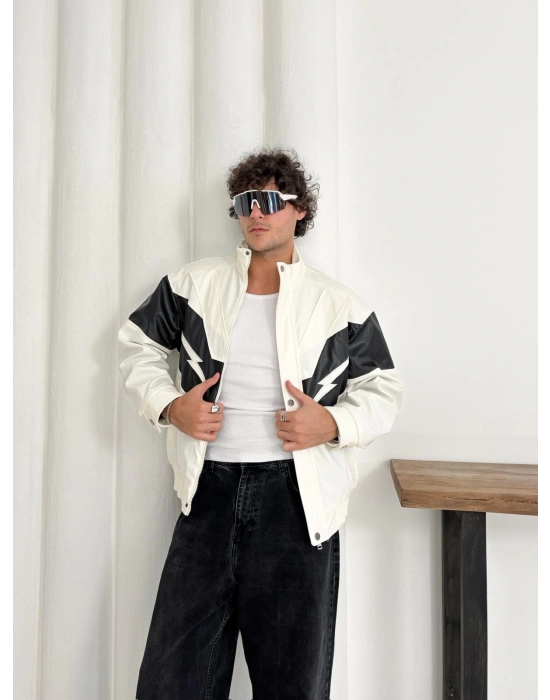 ŞİMŞEK OVERSİZE DERİ CEKET BEYAZ