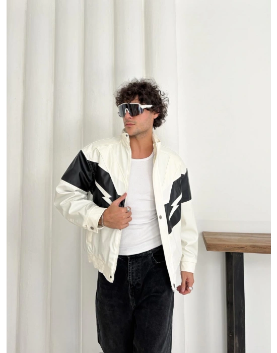 ŞİMŞEK OVERSİZE DERİ CEKET BEYAZ