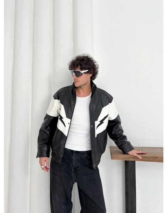 ŞİMŞEK OVERSİZE DERİ CEKET SİYAH