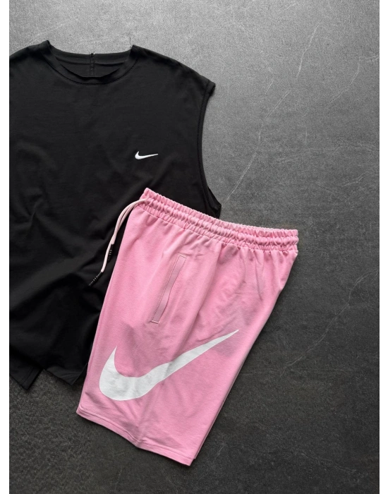 SİYAH NAKIŞ ATLET LOGO BASKI ŞORTLU TAKIM SİYAHA-PEMBE