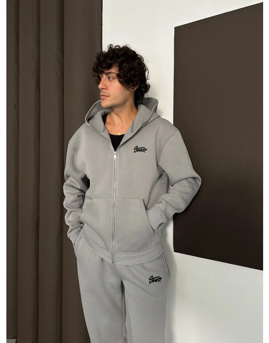 STW BASKI DETAY OVERSİZE HIRKA GRİ