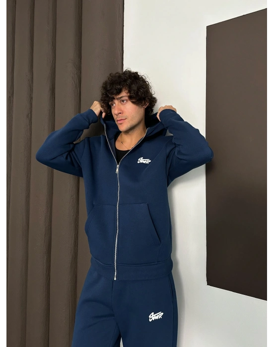 STW BASKI DETAY OVERSİZE HIRKA LACİVERT