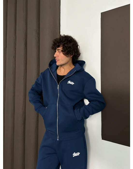 STW BASKI DETAY OVERSİZE HIRKA LACİVERT