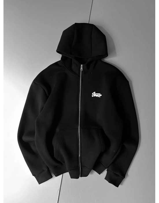 STW BASKI DETAY OVERSİZE HIRKA SİYAH