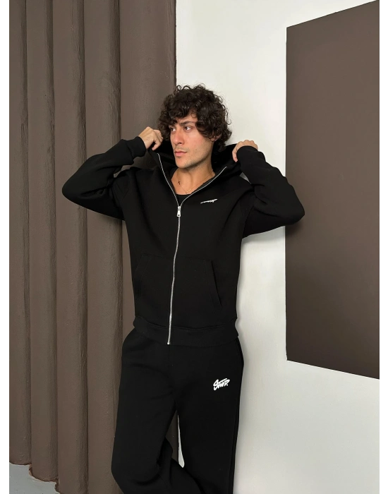 STW BASKI DETAY OVERSİZE HIRKA SİYAH