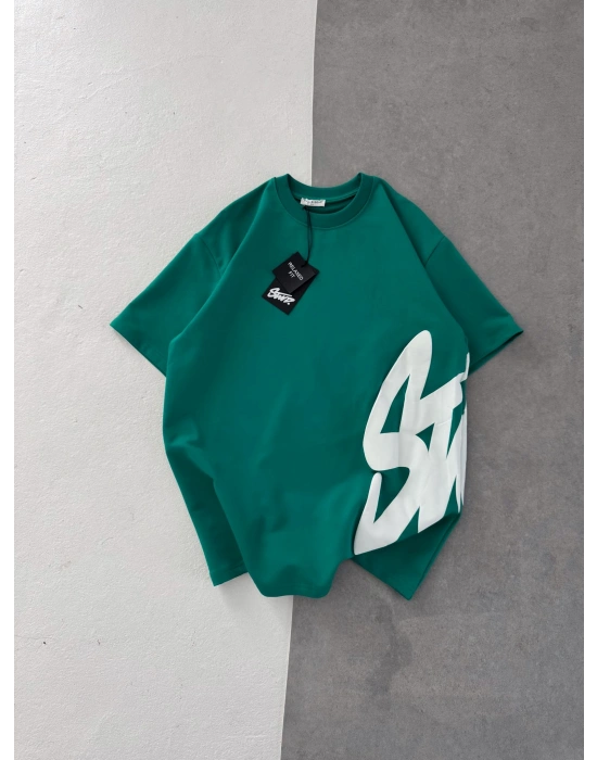 STW BEL BASKI BISIKLET YAKA OVERSIZE TSHIRT YEŞİL