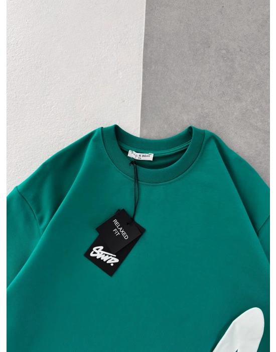 STW BEL BASKI BISIKLET YAKA OVERSIZE TSHIRT YEŞİL