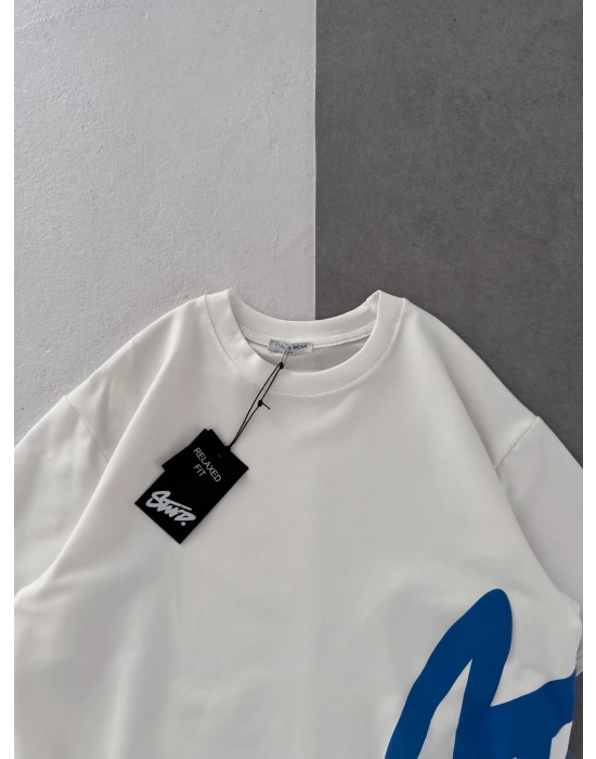 STW BEL BASKI BISIKLET YAKA OVERSIZE TSHIRT BEYAZ
