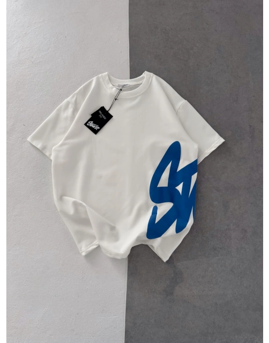STW BEL BASKI BISIKLET YAKA OVERSIZE TSHIRT BEYAZ