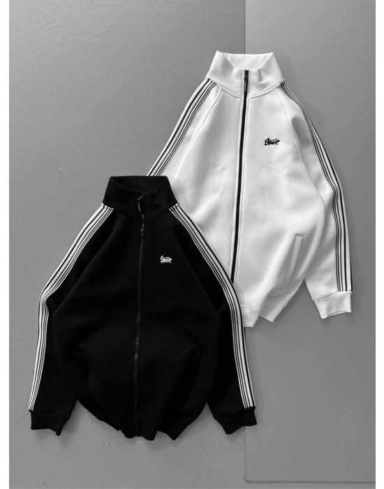 STW KOLLAR ŞERİTLİ OVERSİZE HIRKA SİYAH