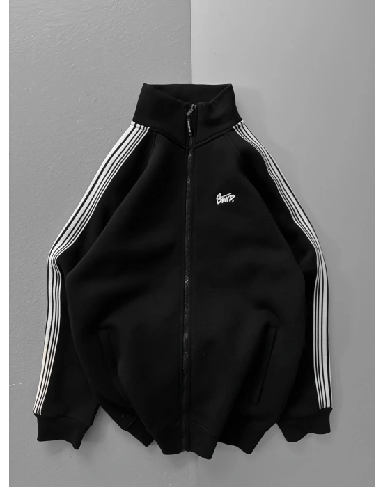 STW KOLLAR ŞERİTLİ OVERSİZE HIRKA SİYAH