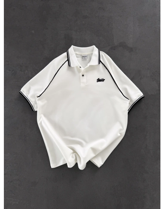 STW POLO YAKA BIYELI CP OVERSIZE TSHIRT BEYAZ
