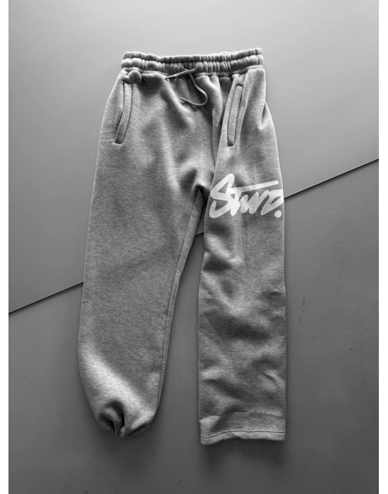 STW YAN BÜYÜK BASKI PAÇA LASTİK EŞOFMAN ALTI GRİ