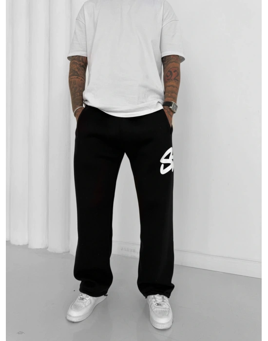 STW YAN BÜYÜK BASKI PAÇA LASTİK EŞOFMAN ALTI SİYAH