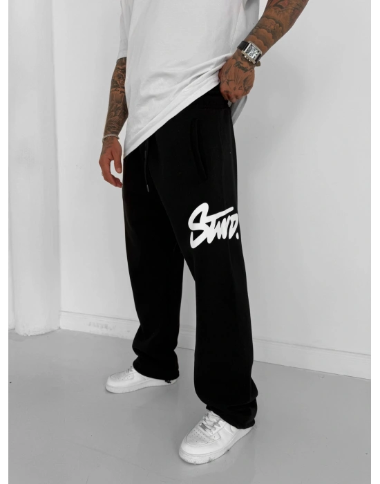 STW YAN BÜYÜK BASKI PAÇA LASTİK EŞOFMAN ALTI SİYAH