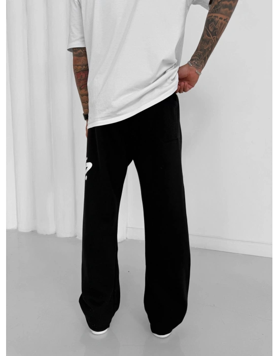 STW YAN BÜYÜK BASKI PAÇA LASTİK EŞOFMAN ALTI SİYAH