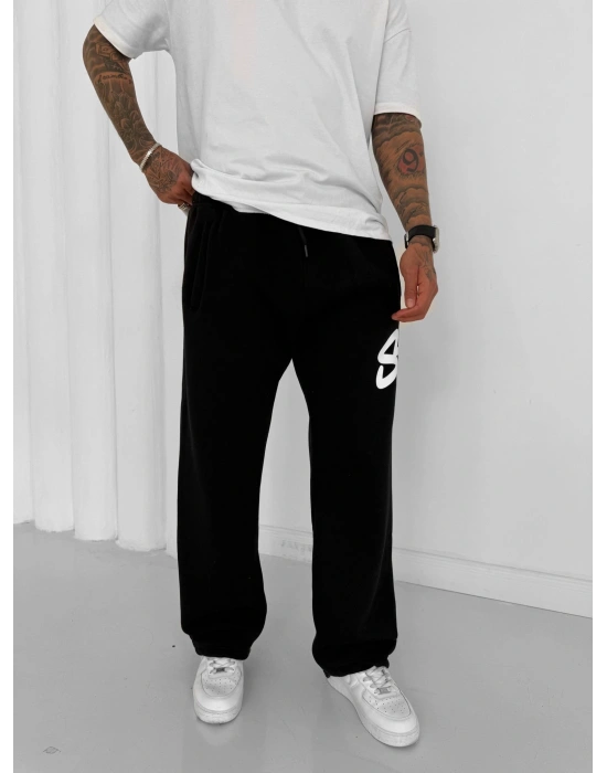 STW YAN BÜYÜK BASKI PAÇA LASTİK EŞOFMAN ALTI SİYAH