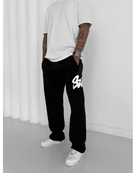 STW YAN BÜYÜK BASKI PAÇA LASTİK EŞOFMAN ALTI SİYAH