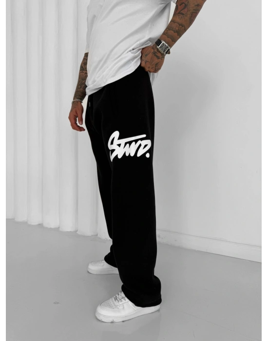 STW YAN BÜYÜK BASKI PAÇA LASTİK EŞOFMAN ALTI SİYAH