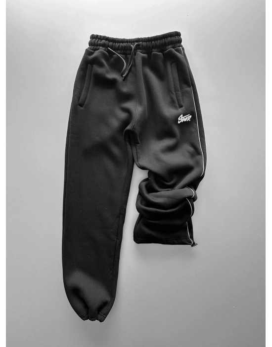 STW YANDAN BİYELİ PAÇA LASTİK 3 İPLİK PAMUKLU KUMAŞ EŞOFMAN ALTI SİYAH