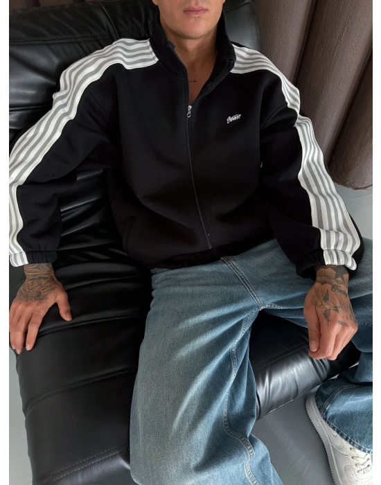 STW YANLAR FULL ŞERİT OVERSİZE HIRKA SİYAH