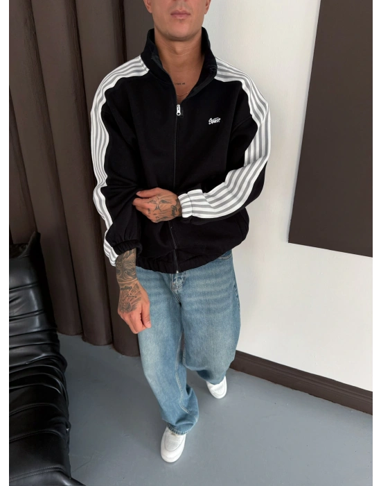 STW YANLAR FULL ŞERİT OVERSİZE HIRKA SİYAH