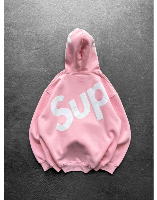 SUP BASKI 3 İPLİK PAMUKLU KUMAŞ OVERSİZE SWEAT PEMBE