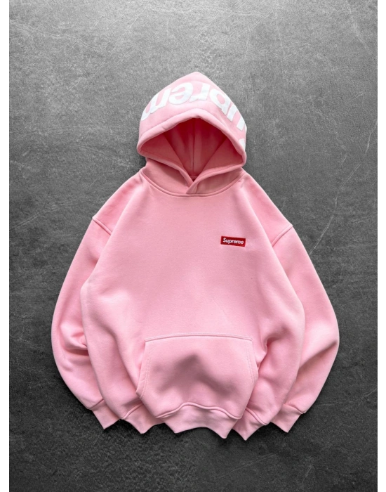 SUP BASKI 3 İPLİK PAMUKLU KUMAŞ OVERSİZE SWEAT PEMBE