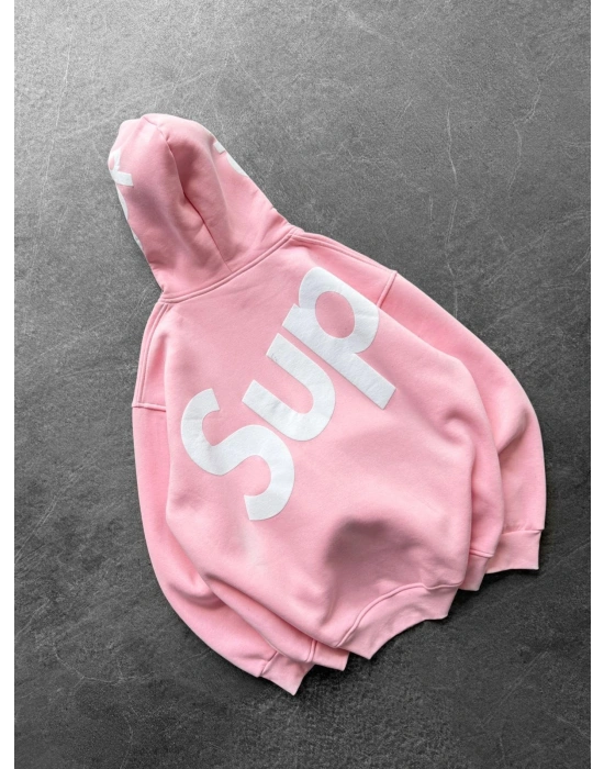 SUP BASKI 3 İPLİK PAMUKLU KUMAŞ OVERSİZE SWEAT PEMBE