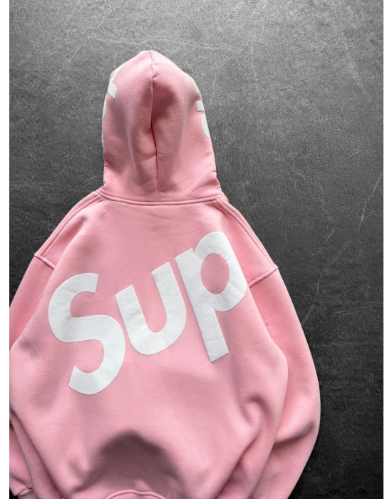SUP BASKI 3 İPLİK PAMUKLU KUMAŞ OVERSİZE SWEAT PEMBE