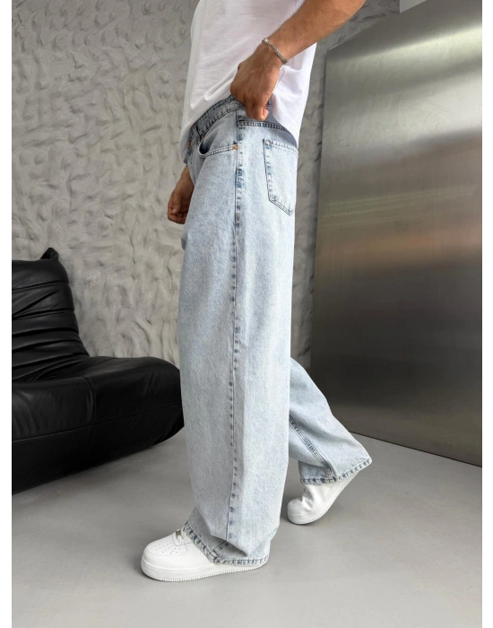 SÜPER BAGGY DÜZ KOT PANTOLON BUZ MAVİ