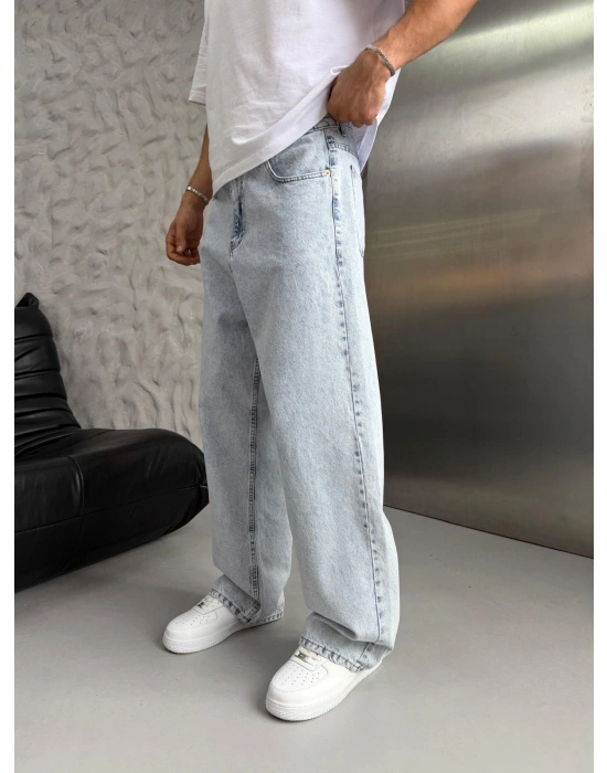 SÜPER BAGGY DÜZ KOT PANTOLON BUZ MAVİ