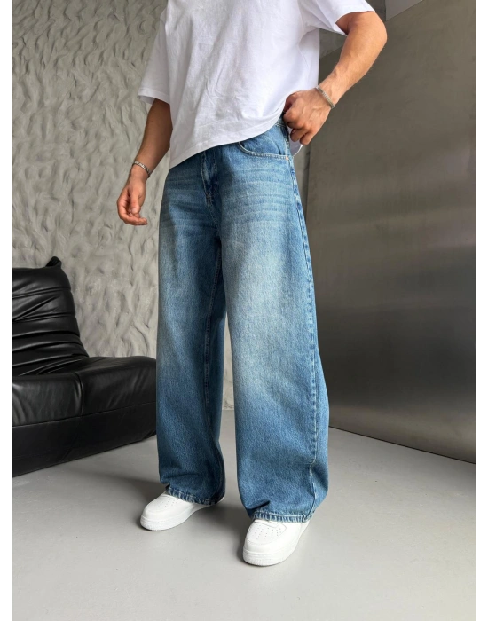SÜPER BAGGY DÜZ KOT PANTOLON MAVİ