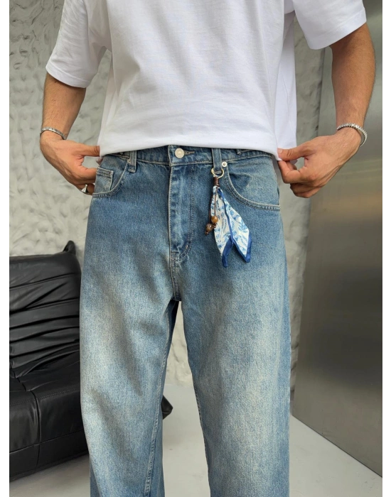 SÜPER BAGGY FULARLI KOT PANTOLON MAVİ
