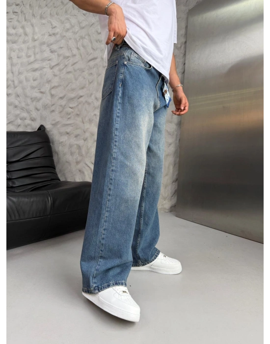 SÜPER BAGGY FULARLI KOT PANTOLON MAVİ