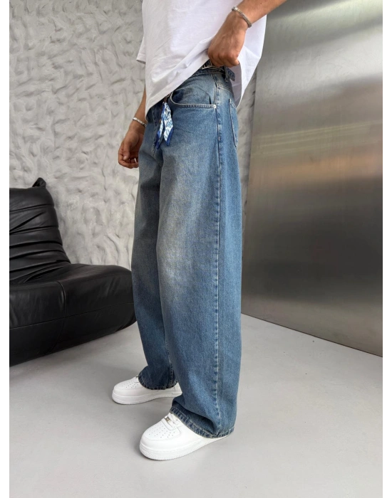 SÜPER BAGGY FULARLI KOT PANTOLON MAVİ