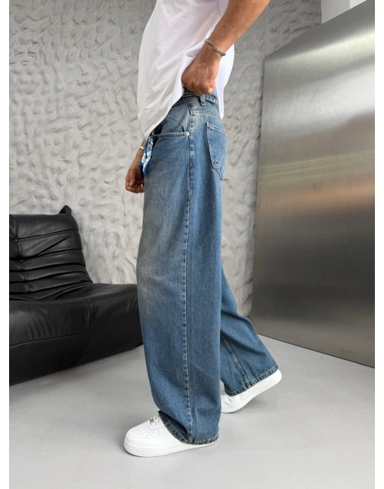 SÜPER BAGGY FULARLI KOT PANTOLON MAVİ