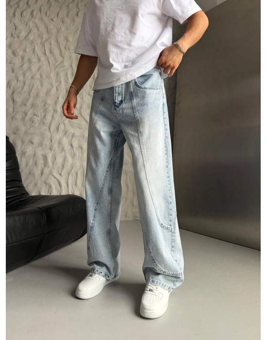 SÜPER BAGGY PARÇA ŞERİTLİ KOT PANTOLON BUZ MAVİ